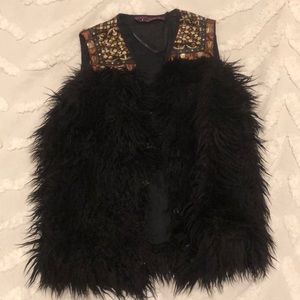 Boho embroidered and studded faux angora fur vest